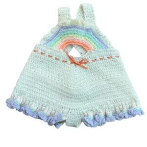 Vintage Infant Girl Multicolor Rainbow Crochet Hand Knitted One Piece Romper